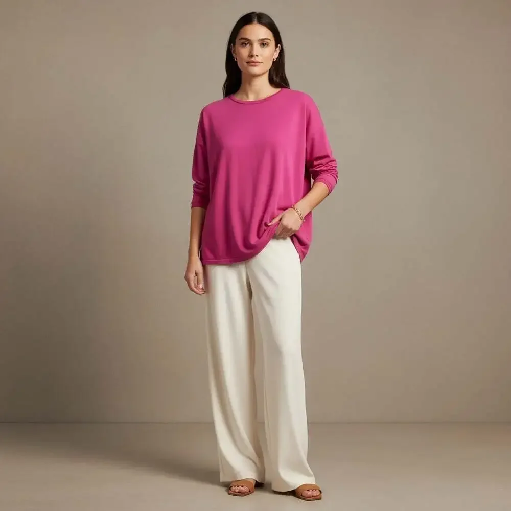 Eileen Fisher Magenta Boxy Pullover Top Large TENCEL Lyocell Crew Neck